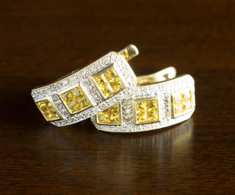 Appraisal: PAIR OF YELLOW SAPPHIRE AND DIAMOND EARRINGS each k yellow