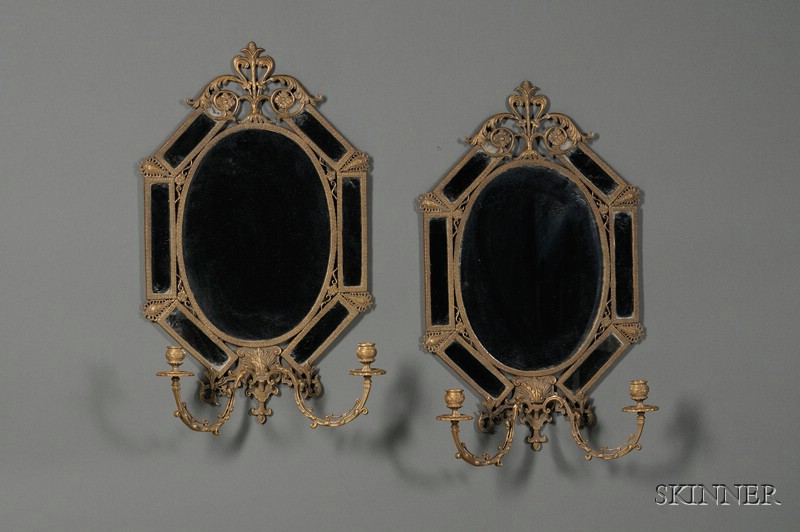 Appraisal: Pair of Classical Revival Brass Two-Light Mirrored Sconces th century