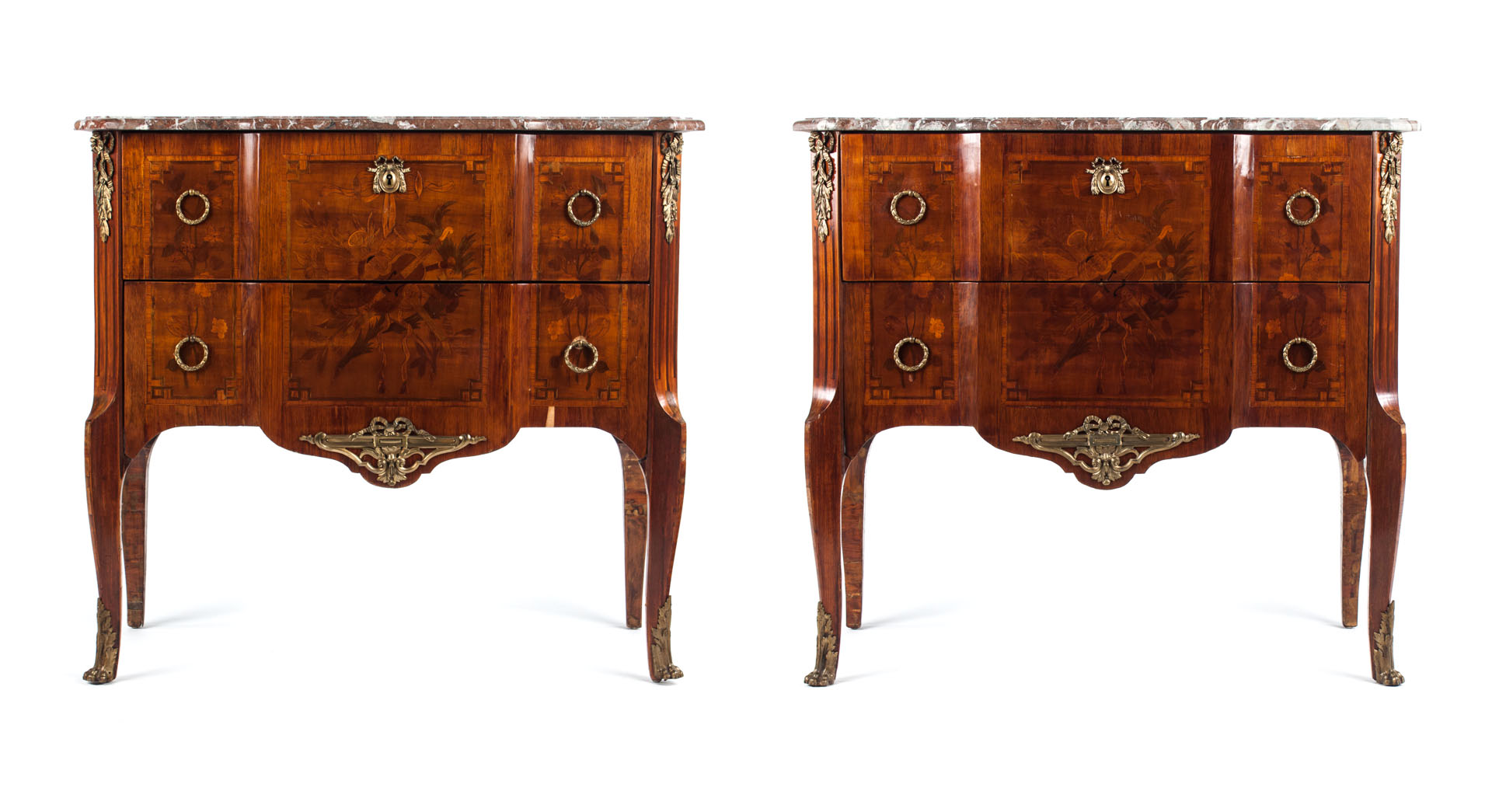 Appraisal: Pair of Regence style marble top commodes each with shaped