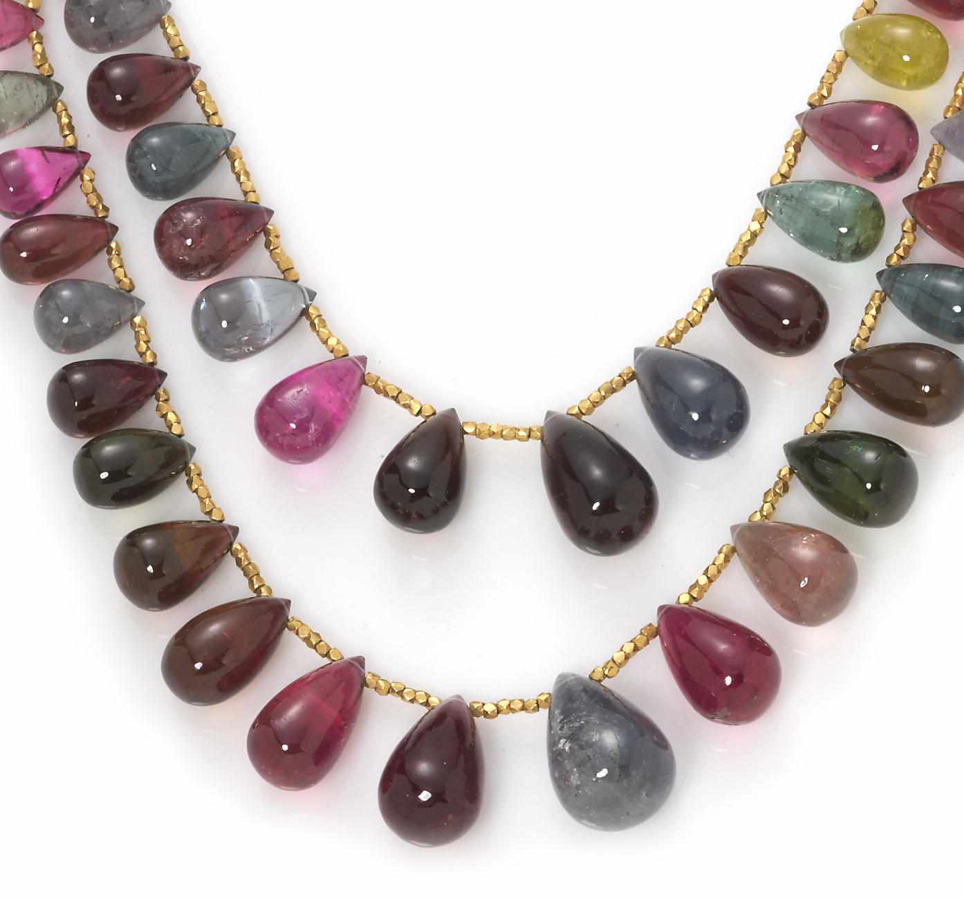 Appraisal: A multi-color tourmaline bead double strand necklace drop-shaped tourmaline beads