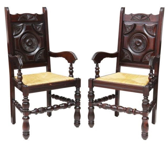 Appraisal: pair French Louis XIII style armchairs th c frames in