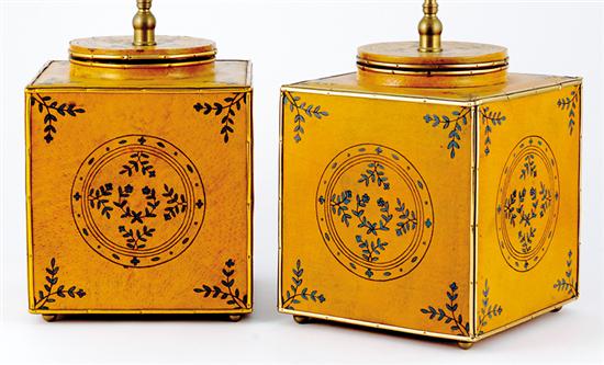 Appraisal: Pair tole painted tea canisters th century cubes decorated with