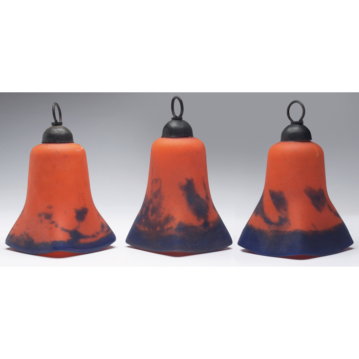 Appraisal: Muller Fres hanging fixtures three mottled blue and orange glass