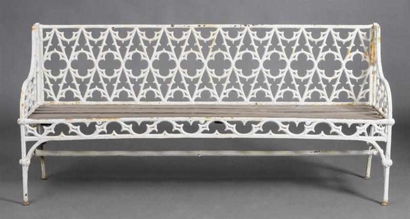 Appraisal: WHITE PAINTED CAST IRON GARDEN BENCH The pierced back with