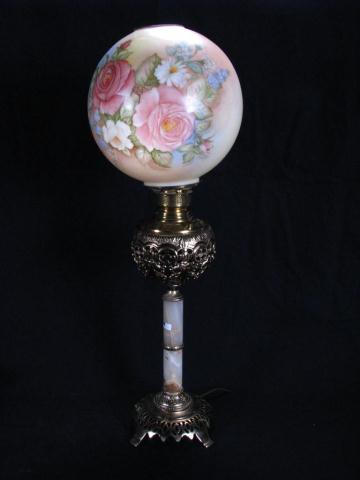 Appraisal: Vintage banquet lamp alabaster and cast metal base with floral