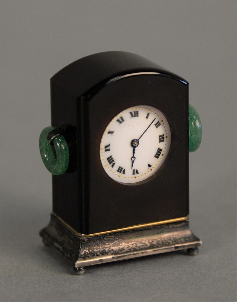 Appraisal: Miniature clock having case with jade ring handles white enameled