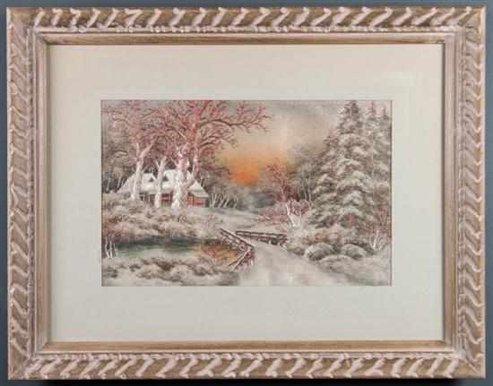 Appraisal: th century American needlework picture depicting a cottage in a