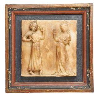 Appraisal: EARLY ALABASTER FIGURAL PLAQUE Framed plaque featuring two figures in