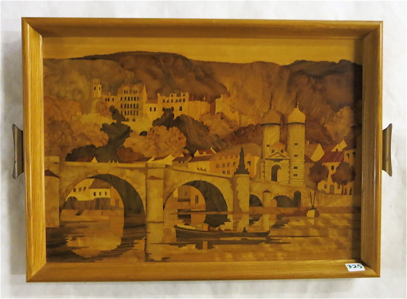 Appraisal: GERMAN MARQUETRY INLAID PLAQUE Bavarian village scene by Buchschmid Gretaux