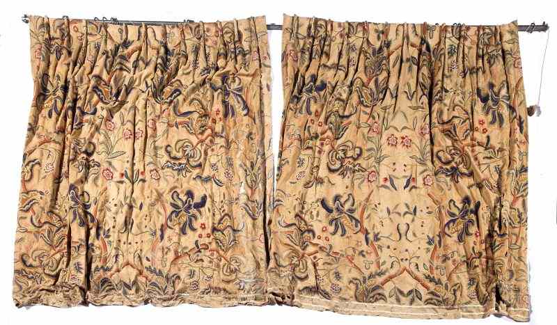 Appraisal: Two Crewel Drapery Panelshand-worked embroidery in wool on natural linen