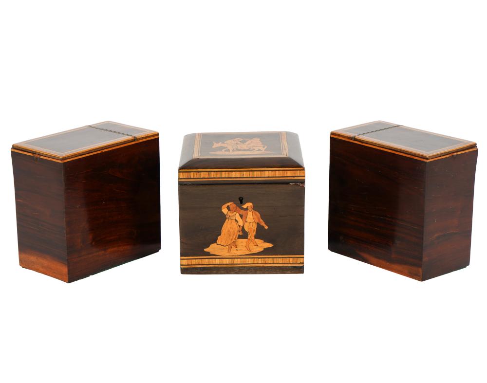 Appraisal: THREE INLAID ROSEWOOD TEA CADDIEScomprising a pair with crossbanding to