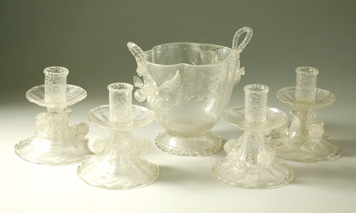 Appraisal: FIVE PIECE SALVIATI VENETIAN ART GLASS SET oil spatter pattern