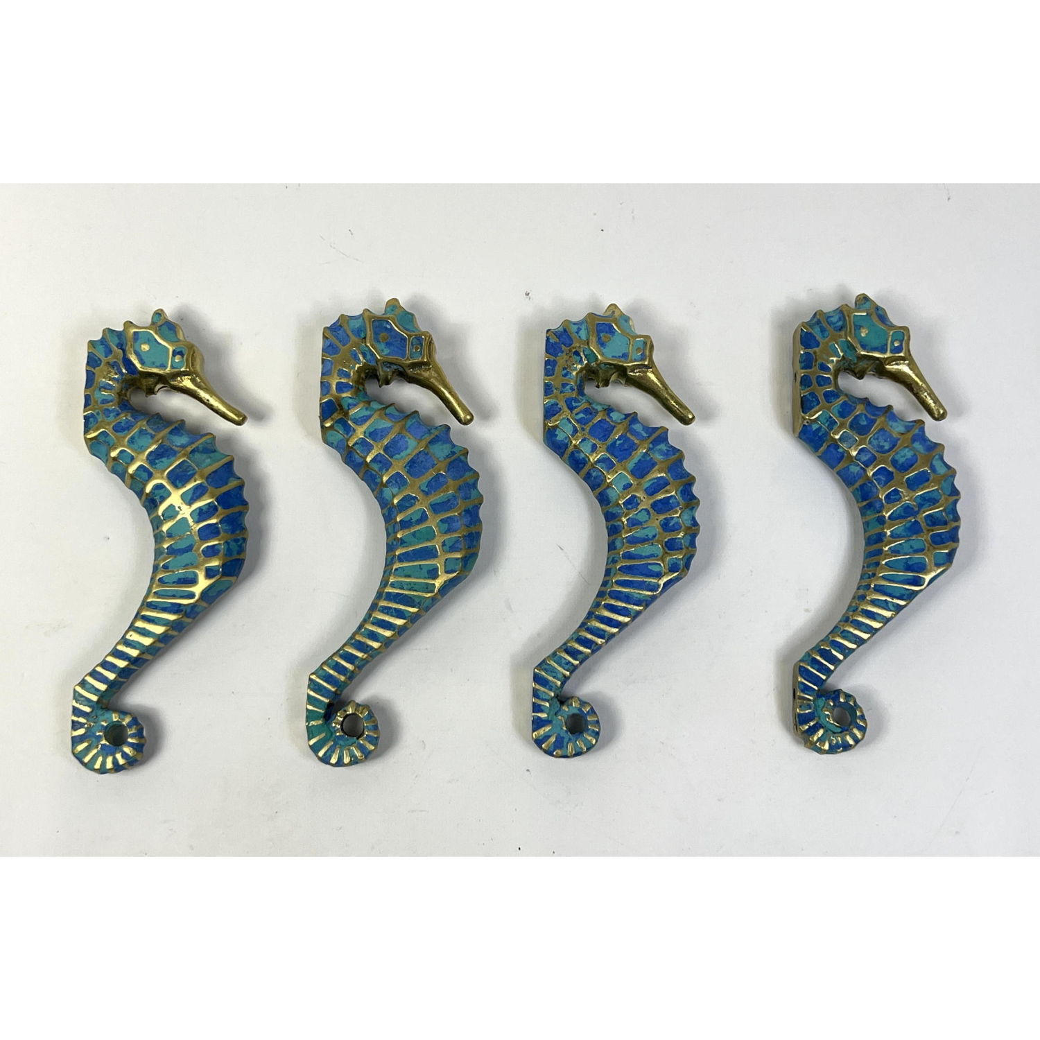 Appraisal: Set Bronze and Enamel Sea Horse Figural Pulls Hardware Blue