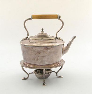 Appraisal: An electroplated kettle on stand oval form central ivory handle