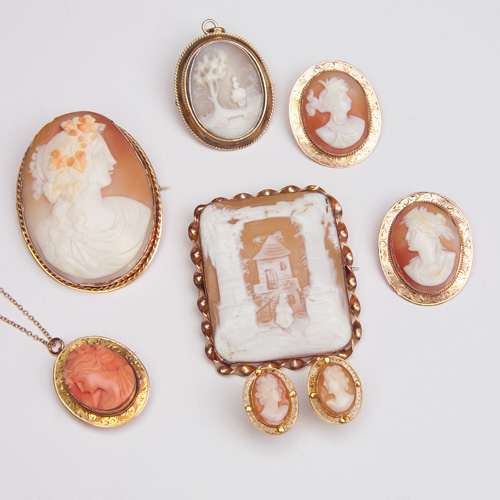 Appraisal: CAMEO Eight pieces four carved shell cameos th c one