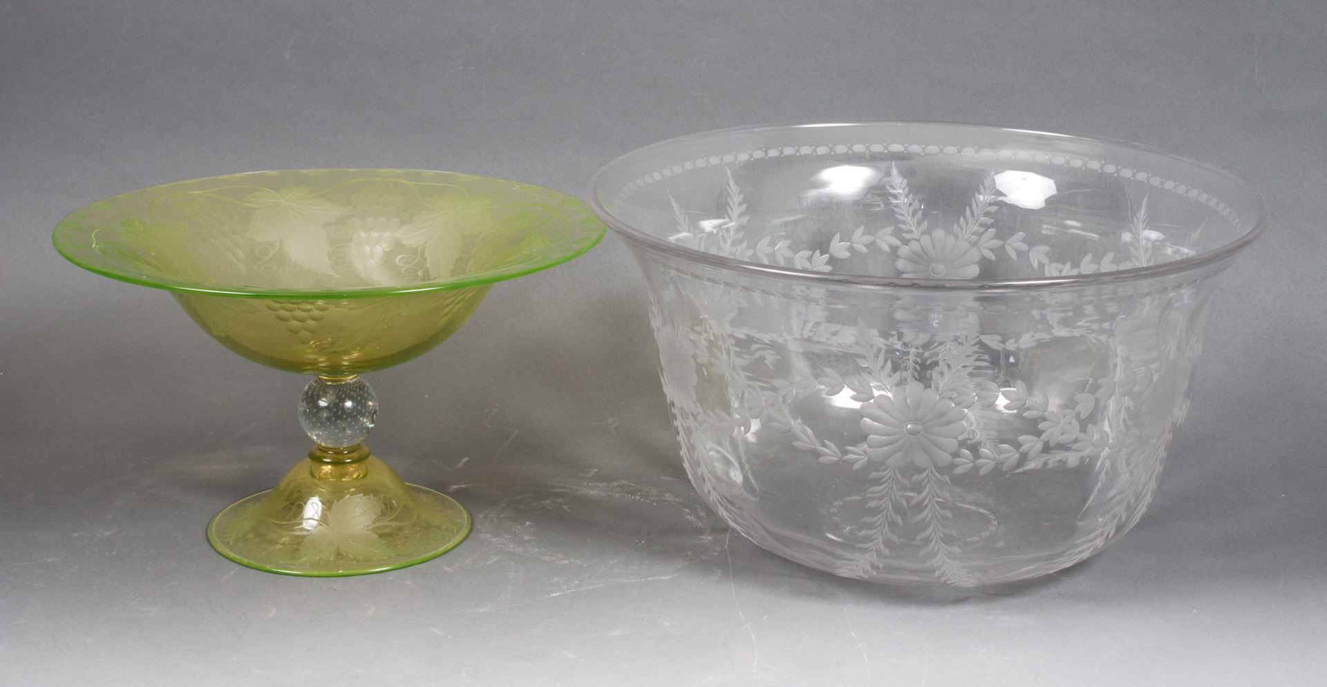 Appraisal: Two pieces of etched glass clear etched glass center bowl