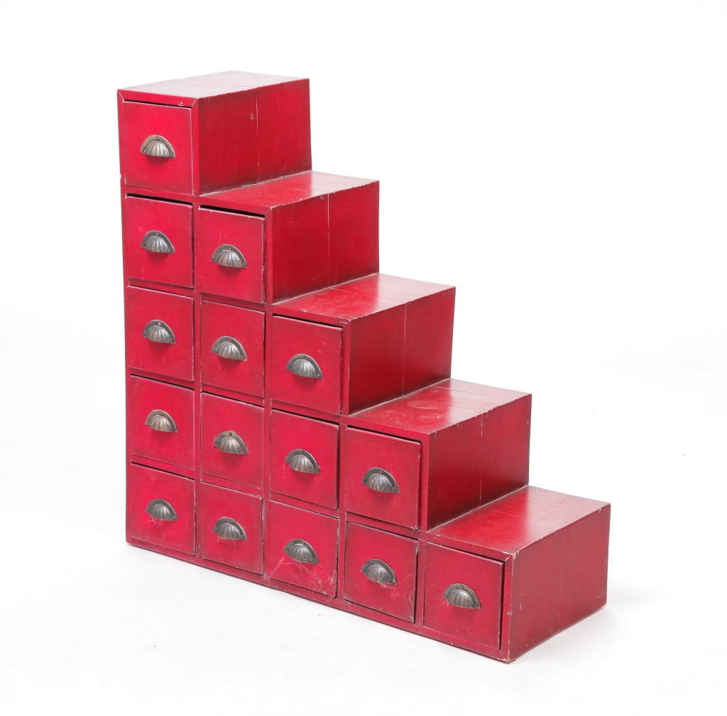 Appraisal: ASIAN STEPPED SET OF DRAWERS Contemporary Cinabar-type lacquer finish with