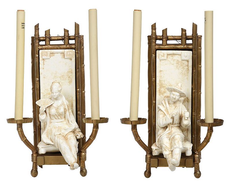 Appraisal: Pair Chapman Chinoiserie Figural Wall Sconces American late th century