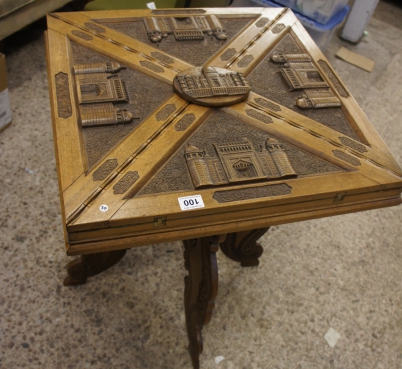 Appraisal: th Century Wooden Envelope card Table Carved with Islamic Temples