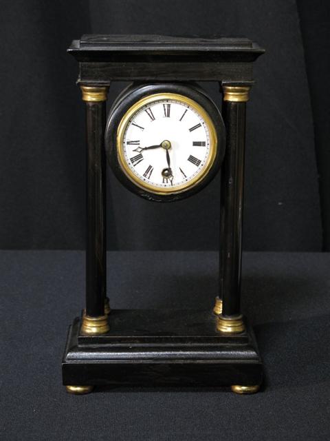 Appraisal: SMALL PAINTED WOOD AND PARCEL-GILT MANTEL CLOCK Painted black with