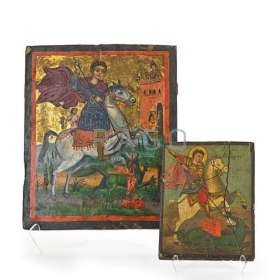 Appraisal: EUROPEAN WOOD ICONS Two depicting St George slaying the dragon