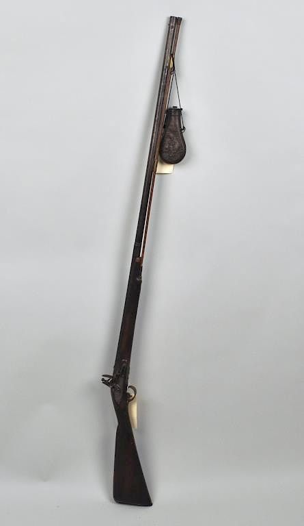 Appraisal: Flintlock Long Gun Powder Flask scratch carved walnut stock with