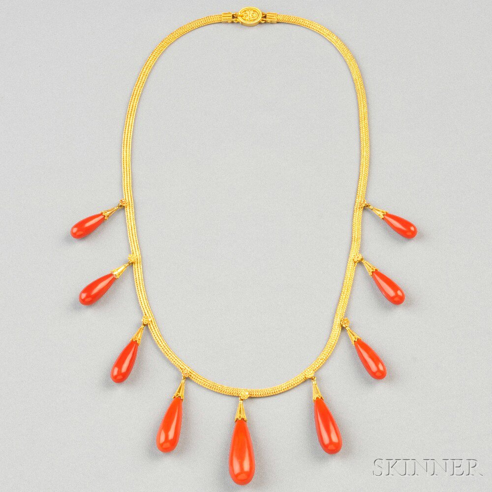 Appraisal: kt Gold and Coral Necklace the finely woven gold strap