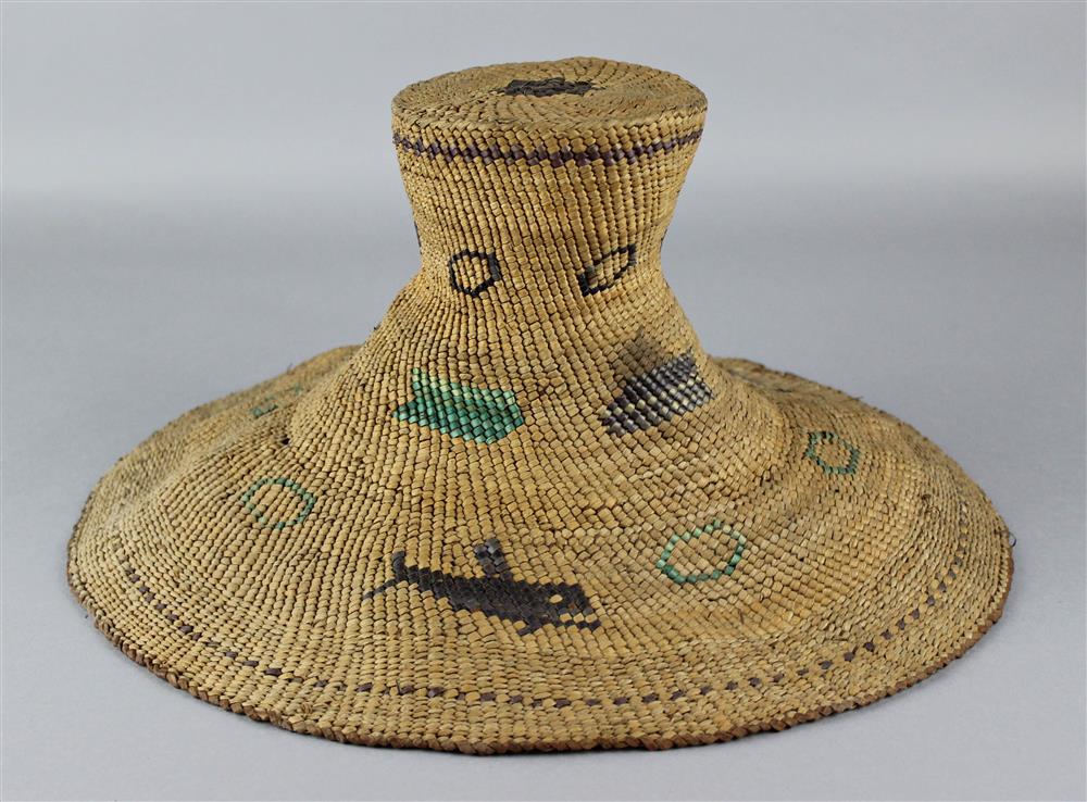 Appraisal: PACIFIC NORTHWEST COAST TWINED BASKETRY HAT MAKAH depicting whales h