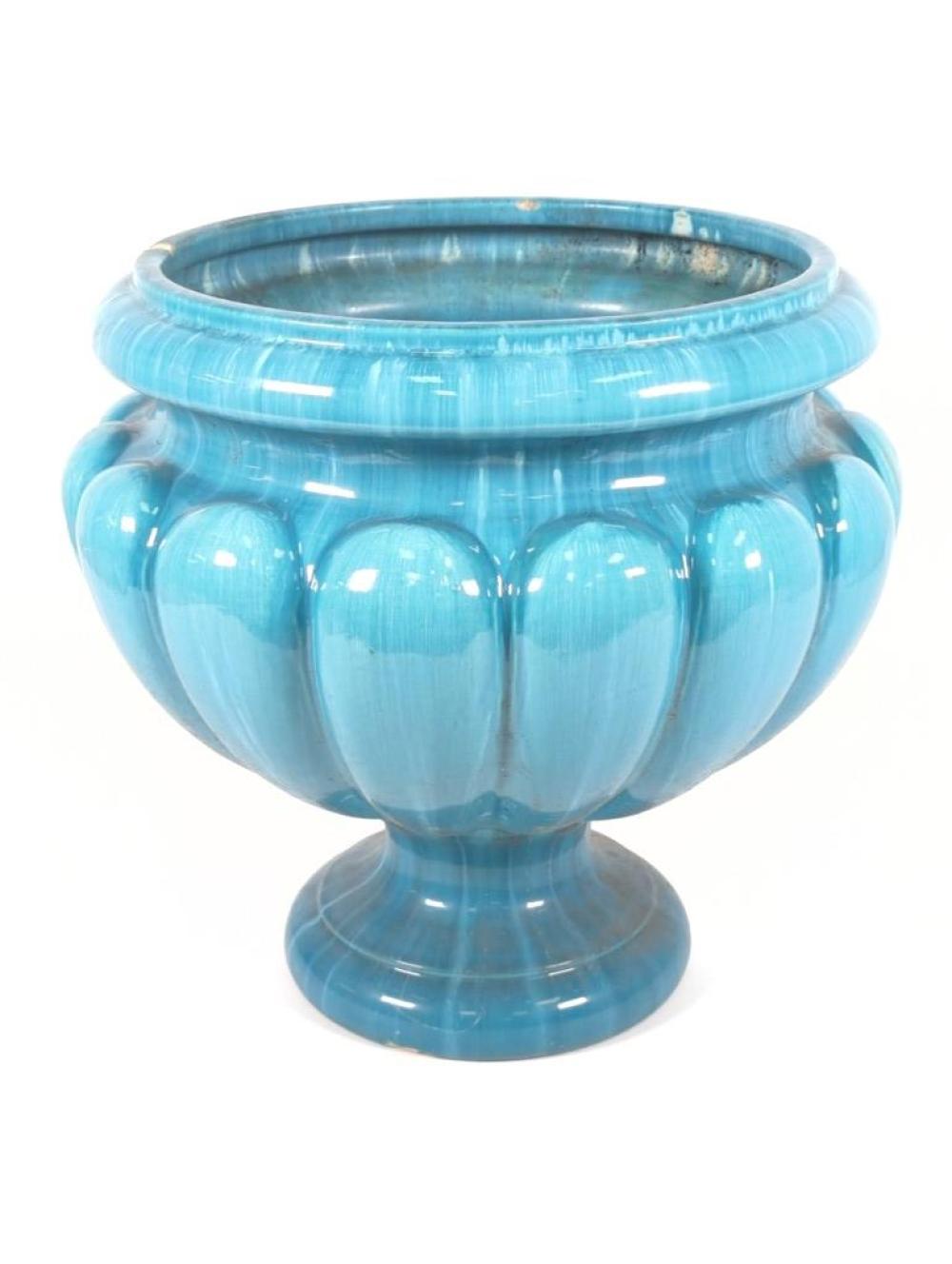 Appraisal: ENGLISH TURQUOISE BLUE MAJOLICA STONEWARE GARDEN URN H X DIAM