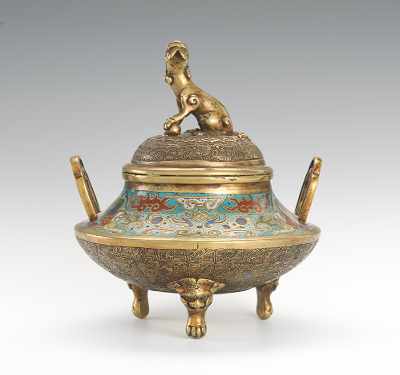 Appraisal: Champleve Bronze Pot in the Shape of a Brazier Champleve