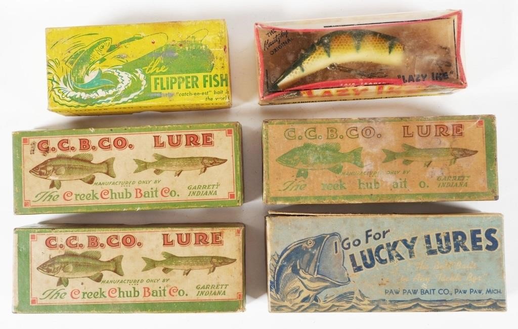 Appraisal: Six older lures most wooden in original boxes Includes Creek