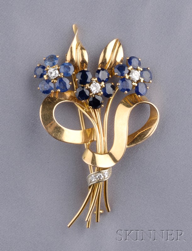 Appraisal: Retro kt Gold Sapphire and Diamond Flower Brooch designed as