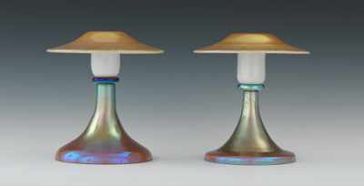 Appraisal: Two Steuben Aurene and Calcite Glass Candlesticks Calcite-lined gold aurene