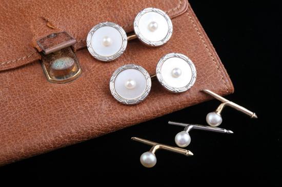 Appraisal: VINTAGE K YELLOW GOLD PLATINUM AND MOTHER-OF-PEARL CUFFLINKS AND STUD