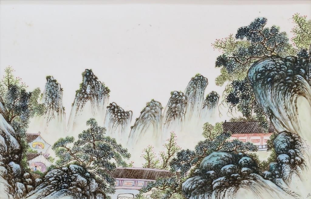 Appraisal: HAND PAINTED CHINESE PORCELAIN PLAQUE LANDSCAPEHand painted Chinese porcelain plaque