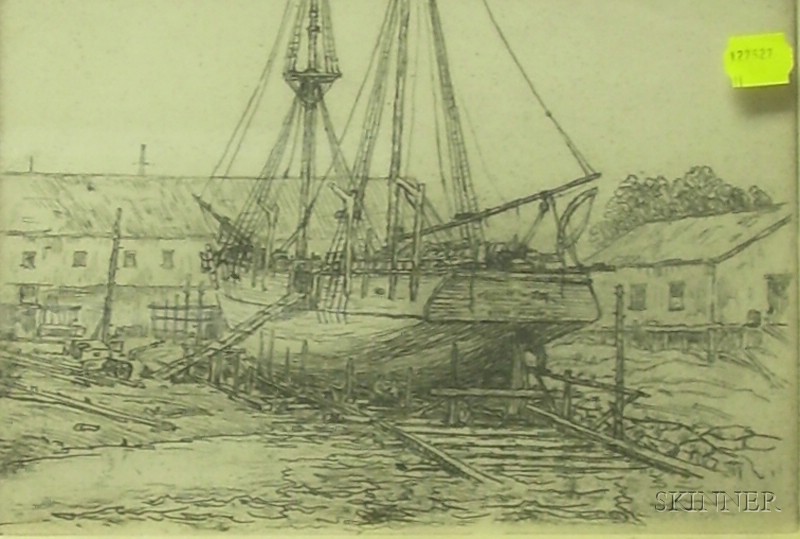 Appraisal: Framed Etching on Paper of a Harbor View by Reynolds