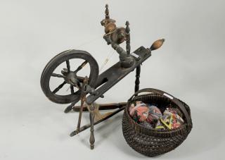 Appraisal: Small Spinning Wheel Basket Of Rag Balls A small spinning