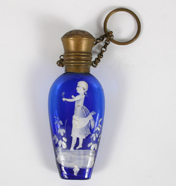 Appraisal: Mary Gregory hand painted child figure on cobalt glass chatelaine