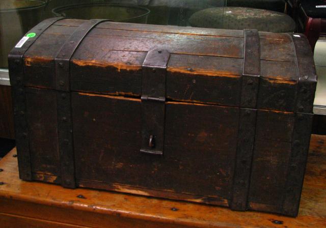 Appraisal: Antique Wooden Trunk camel back with metal banding '' wide