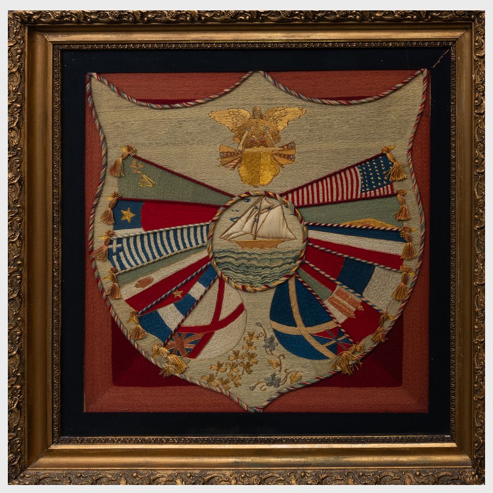 Appraisal: Sailor's Shield-Shaped Woolwork Picture x in framed Kendall Chew John