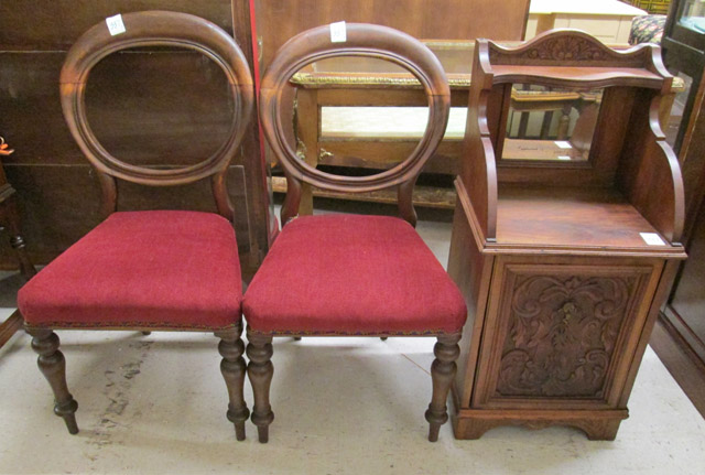 Appraisal: VICTORIAN COAL CABINET AND PAIR OF BALLOON-BACK CHAIRS English th