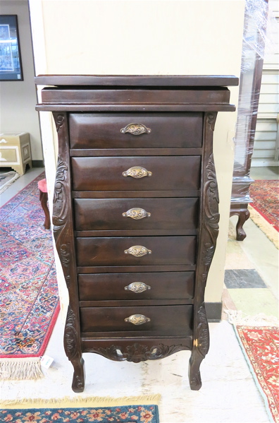 Appraisal: LOUIS XV STYLE DARK MAHOGANY JEWELRY CHEST a six-drawer chest