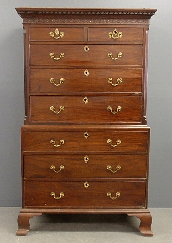 Appraisal: - English Chippendale mahogany chest-on-chest c with a dentil molded