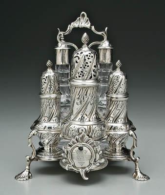 Appraisal: George III English silver cruet Warwick style cinquefoil base four