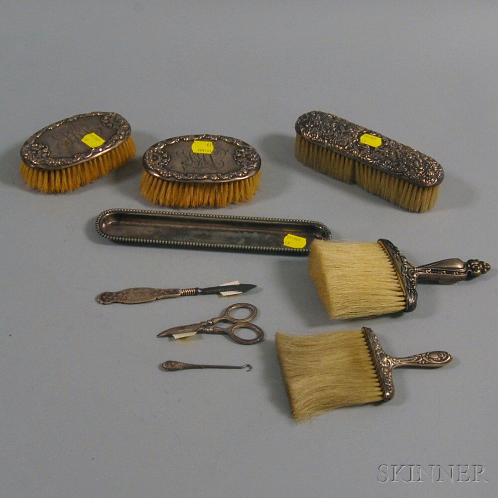 Appraisal: Nine-piece Assembled Dresser Set including a silver-plated dresser tray two