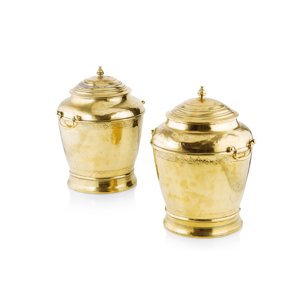 Appraisal: PAIR OF DUTCH BRASS COVERED TOBACCO URNS EARLY TH CENTURY