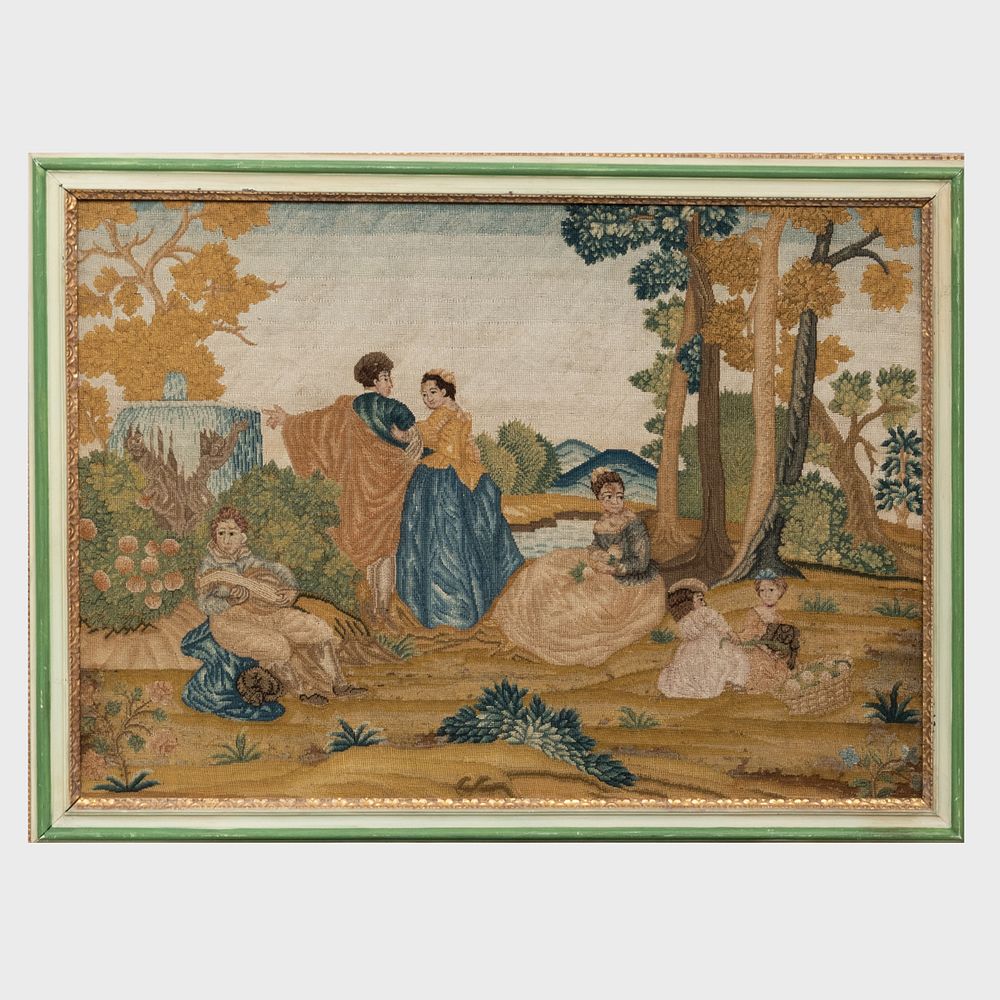 Appraisal: Pair of Continental Needlework Pictures of Bucolic Scenes x in