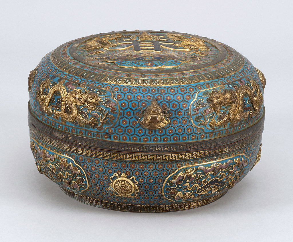 Appraisal: CLOISONN ENAMEL BOX th CenturyIn circular form With relief five-claw