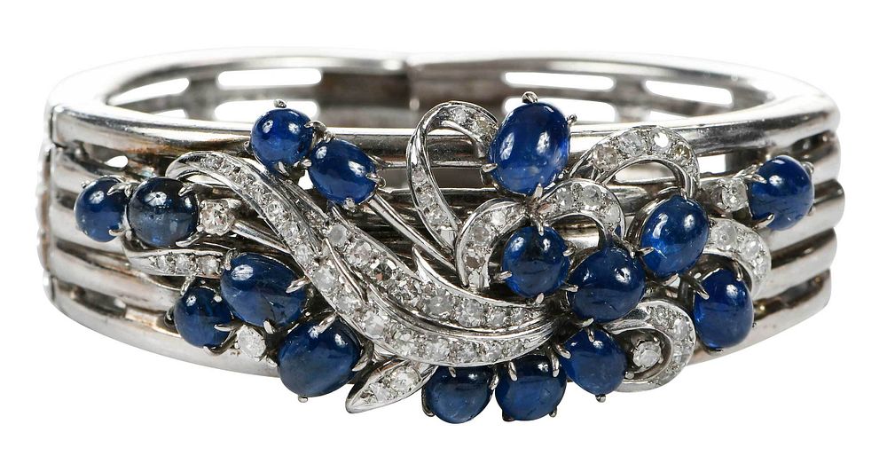 Appraisal: kt Silver Sapphire and Diamond Bracelet hinged bangle round and