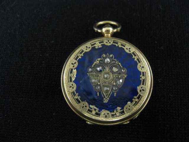 Appraisal: k Gold Enameled Pendant Watch rose cut diamonds in blue